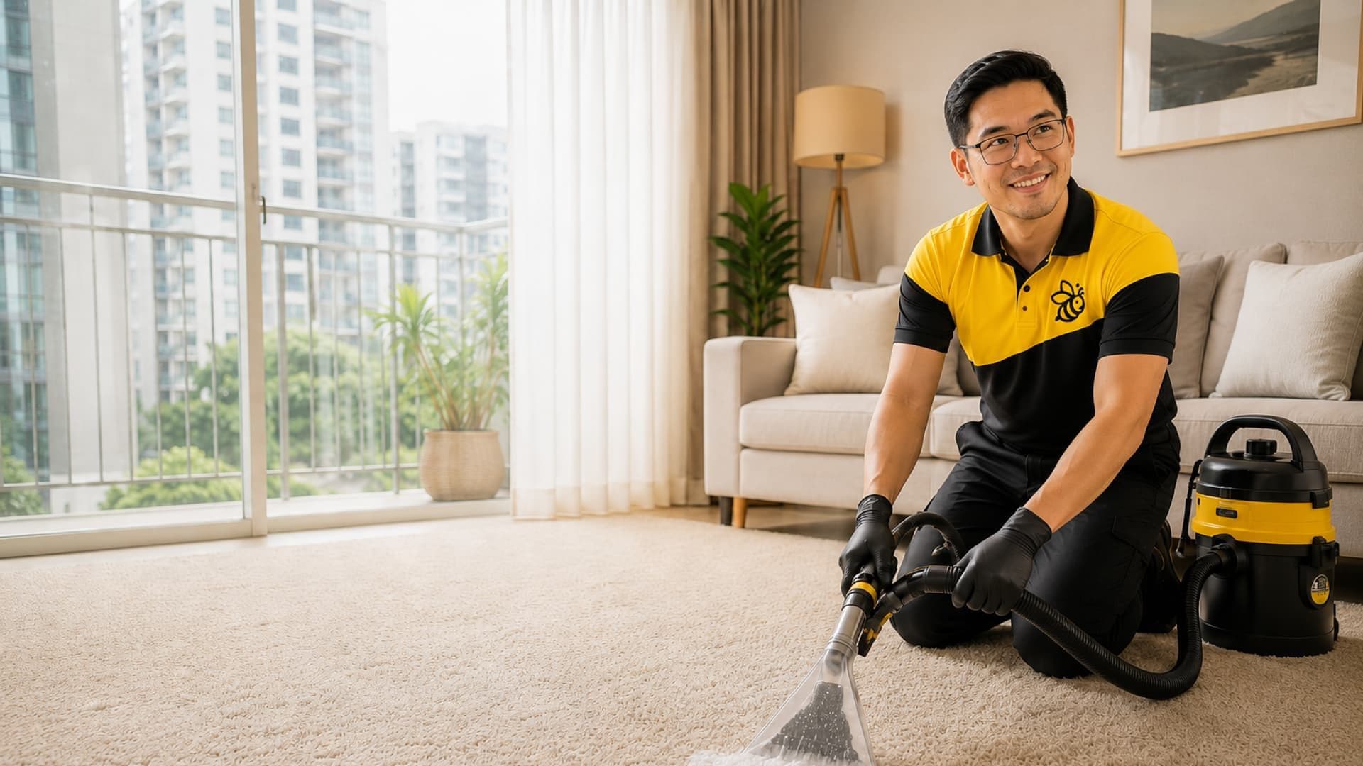 Yellowbee technician performing water extraction on a carpet in a bright Penang condo living room